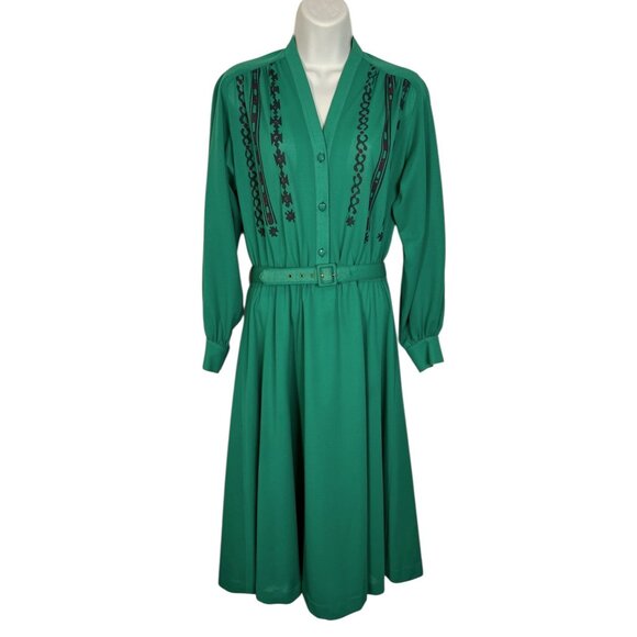 Vintage 70s Penny LeRoy Block Printed Dress Belted Knee Length Green Medium - Picture 1 of 12